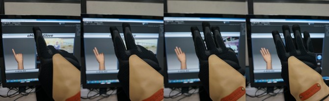 이모션 글러브를 끼고 손가락으로 1부터 4까지의 모양을 만들었다. 장갑은 착용자의 손동작을 정확하게 인식해 컴퓨터로 전송한다. - 이우상 기자 idol@donga.com 제공